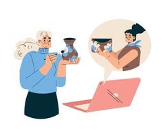 New Technologies with Senior Woman Character Learn Pottery at Laptop Tutorial Illustration vector