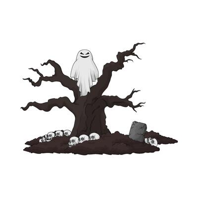 scary ghost in the old tree illustration