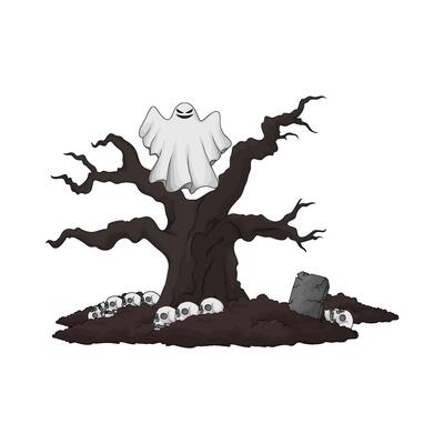 illustration of scary ghost in the old tree