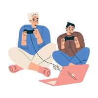 New Technologies with Grandfather with Kid Character Play Computer Game with Gamepad and Laptop Illustration vector