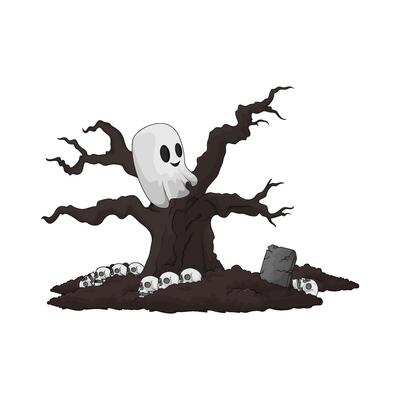halloween ghost in the scary old tree illustration
