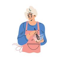 Senior Woman Character in Apron Cooking with Whisk and Bowl Illustration vector