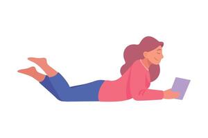 Woman Lying and Reading Interesting Book Illustration vector
