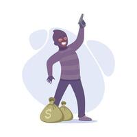 Man Criminal with Handgun and Sack of Money Commit Crime and Theft Illustration vector