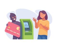Man Criminal with Credit Card at Bank Terminal Commit Crime and Theft Illustration vector