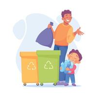 Man Parent with Son Throw Garbage in Dustbin as Home Activity Illustration vector