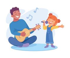 Man Parent with His Daughter Play Guitar and Singing as Home Activity Illustration vector