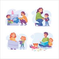 Homework with Parent and Kid Engaged in Home Activity Set vector