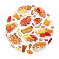 October Fest Round Composition Design with Food and Beer Template vector