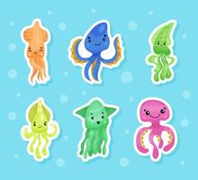 Cute Squid and Octopus with Smiling Face Sticker Set vector