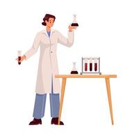 Oil Industry Woman Worker Character at Laboratory Test Fossil Sample in Flask Illustration vector