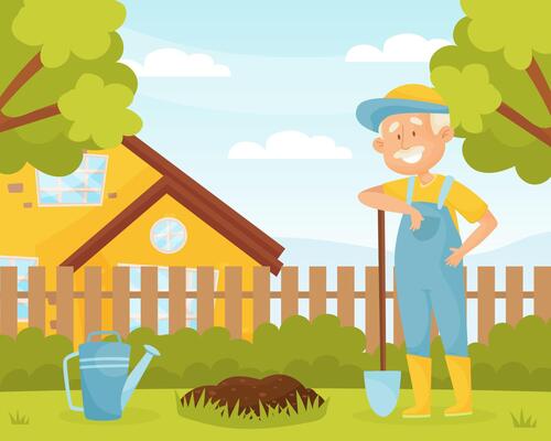 Senior Man Character Gardening Work in Yard with Shovel Illustration