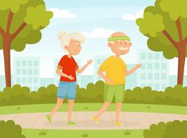 Senior Man and Woman Character Running and Jogging in Park Illustration vector