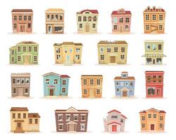 Old Weathered House and Dwelling with Broken Roof and Window Set vector