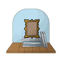 golden photo frame on top of a stack of books illustration vector