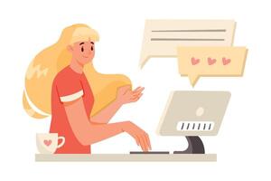 Online Communication with Woman Character at Computer Chatting Illustration vector