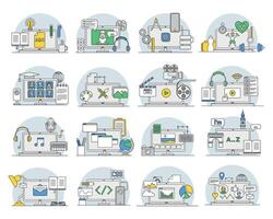 Online Professions with Learning Platform and Computer Interface Display Line Set vector