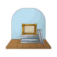 illustration of golden photo frame on top of a stack of books vector
