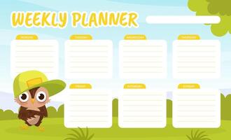 Empty Week Planner with Funny Brown Owl Character with Feather Template vector