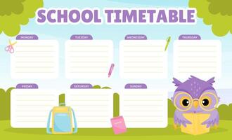 School Owl Character Timetable for Note Template vector