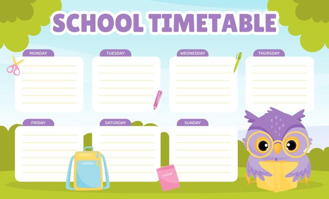 School Owl Character Timetable for Note Template