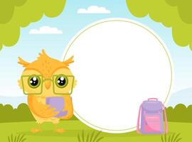 School Owl Character Round Banner for Note Template vector