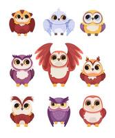 Funny Owl Flying Creature with Large Eyes and Wings Set vector