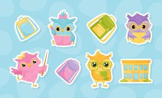 Owl Character and School Item and Supply Set vector
