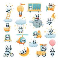 Happy Panda Animal Character Engaged in Different Activity Set vector