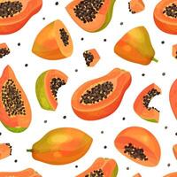 Papaya Fruit Seamless Pattern with Cut Section with Seeds and Orange Pulp Template vector
