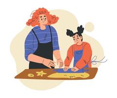 Mom with Daughter in Apron Baking Cookie Enjoy Recreation Activity Together Illustration vector