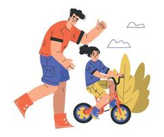 Dad with Daughter Teach Riding Bicycle Enjoy Recreation Activity Together Illustration vector