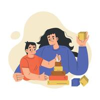Mom with Son Play Toy Block Enjoy Recreation Activity Together Illustration vector