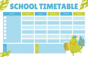 Empty School Timetable with Green Parrot Funny Bird Template vector