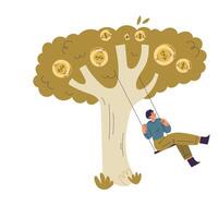 Man Character Have Capital Swing on Tree with Money Golden Coin Illustration vector