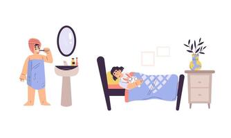 Morning Routine Illustration A focus on Hygiene, Relaxation, and Daily SelfCare Practices vector