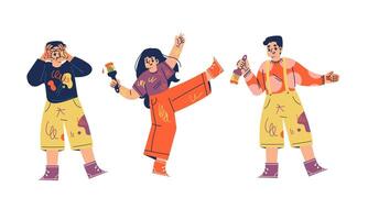 A Dynamic Trio of Colorful and Playful Characters Captured in Energetic Poses and Actions vector