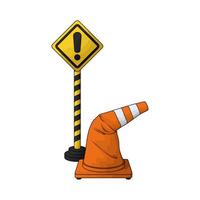 illustration of warning sign with traffic cone vector