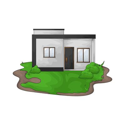 illustration of white house filled with grass yard