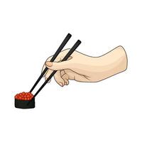 eating red caviar sushi using chopsticks vector