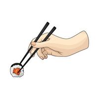 eating sushi roll using chopsticks vector
