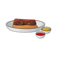 hotdog in a plate and two sauces in a bowl illustration vector