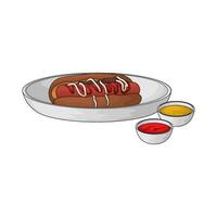 illustration of hotdog in a plate and two sauces in a bowl vector