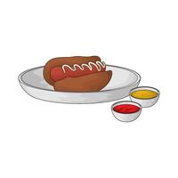 hotdog in a plate and two sauces in a bowl vector
