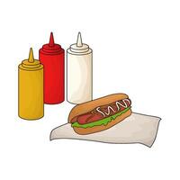 hotdog and three sauce bottles illustration vector
