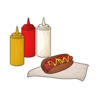 hot dog with three sauce bottles vector