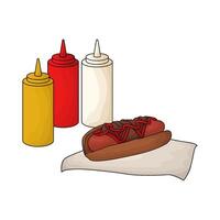 illustration of hot dog with three sauce bottles vector
