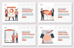Landing page template Business partnership concept illustration set showing agreement handshake profit sharing successful collaboration between partners in modern flat design vector