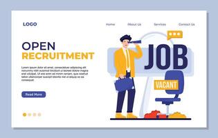 Job interview landing page template. Businessman with briefcase and binoculars. illustration vector