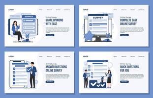 Landing page template Collection of online survey illustrations showing mobile feedback user review rating concepts designed for customer experience improvement data collection analysis needs vector